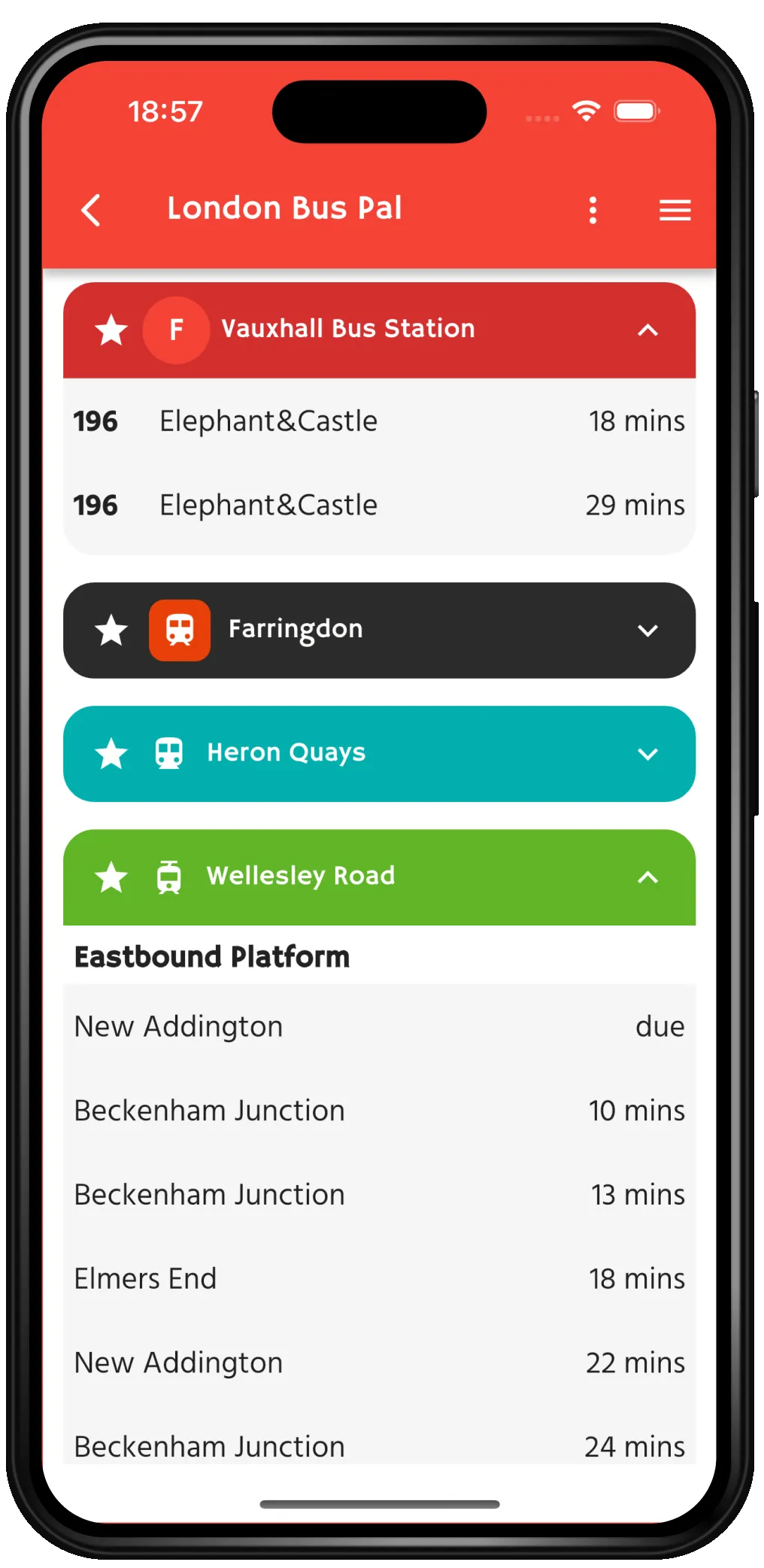 Saved favourites with live next-arrival times.