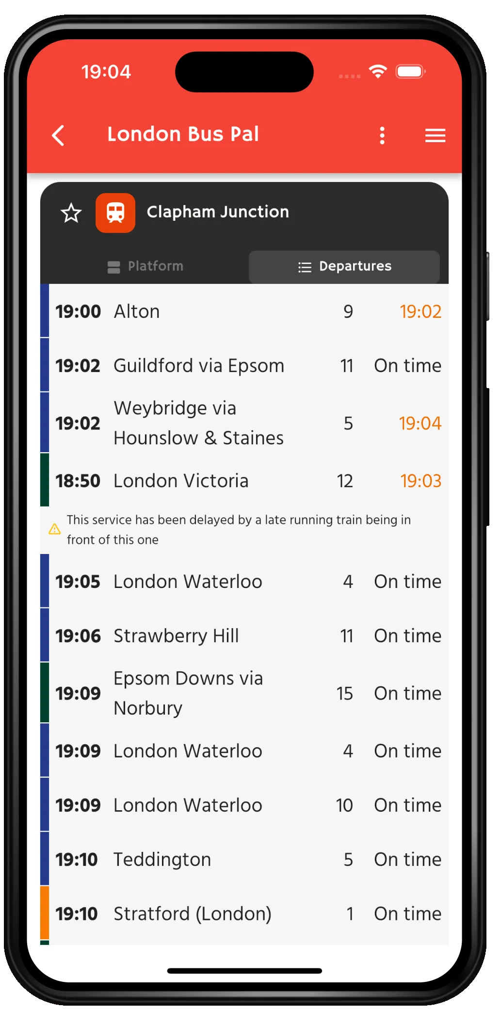 Clapham Junction departure board.