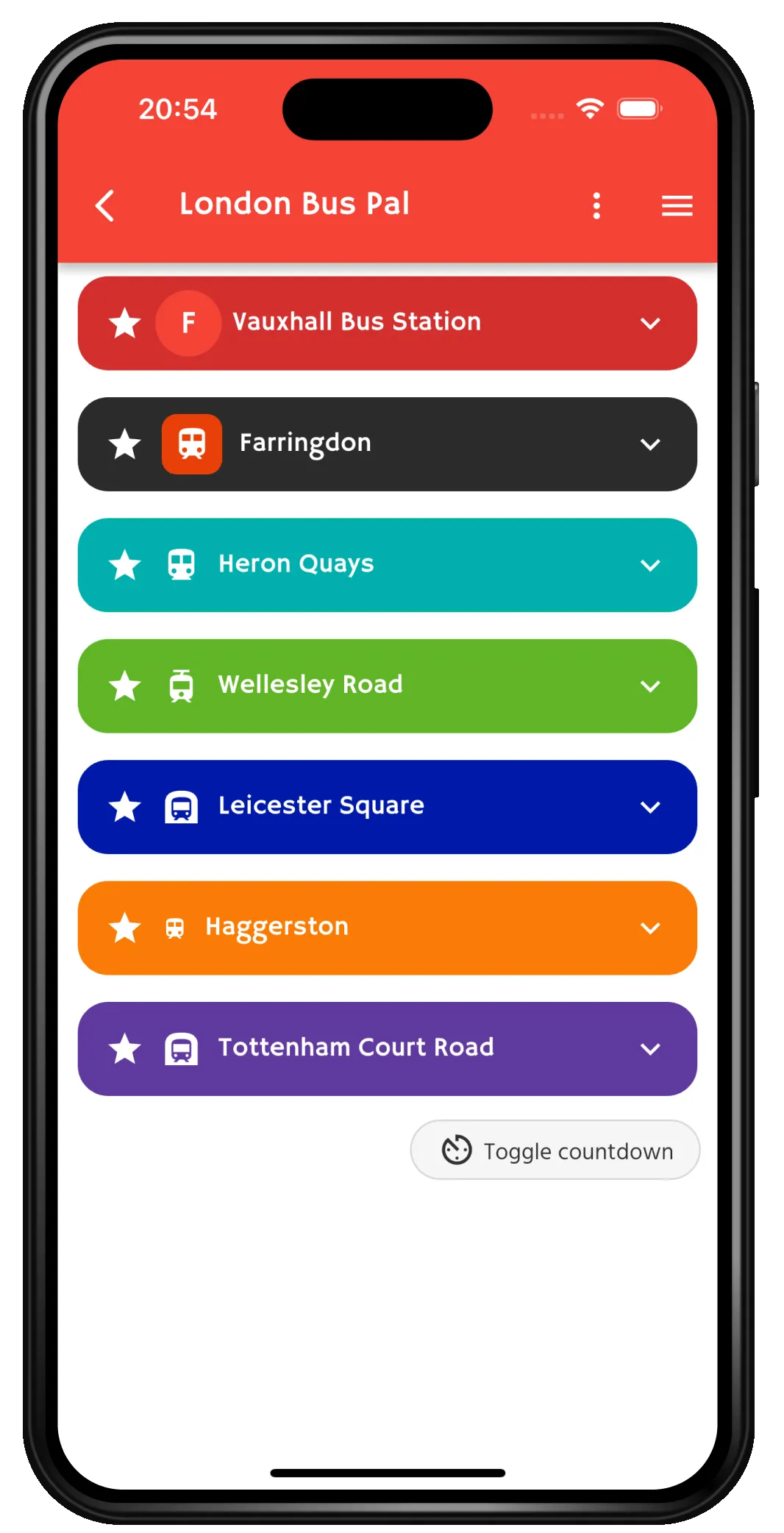 Favourites list showing stops across seven modes.